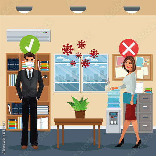 business couple working and wearing medical mask