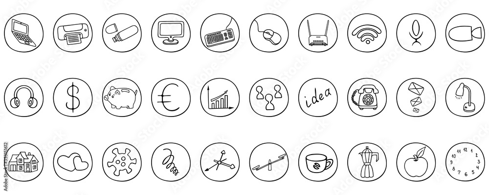 Icon set. Business subjects. Vector. Doodle style. Thumbnails. Outline on an isolated white background. Collection of elements in a circle. Composition of symbols for menu, web design. Icon set. Business subjects. Vector. Doodle style. Thumbnails. Outline on an isolated white background. Collection of elements in a circle. Composition of symbols for menu, web design.