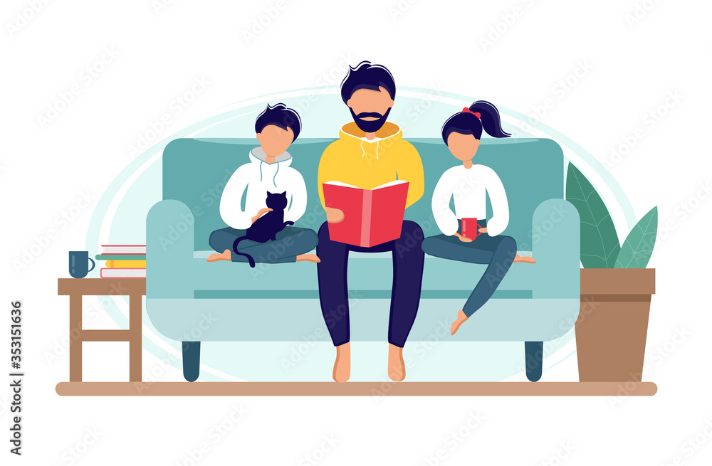 Stay home during the coronavirus epidemic. Dad reading for kids on the couch. Family sitting on the sofa with book. Vector illustration in flat style for father's day. Self-isolation. Stay home during the coronavirus epidemic. Dad reading for kids on the couch. Family sitting on the sofa with book. Vector illustration in flat style for father's day. Self-isolation.