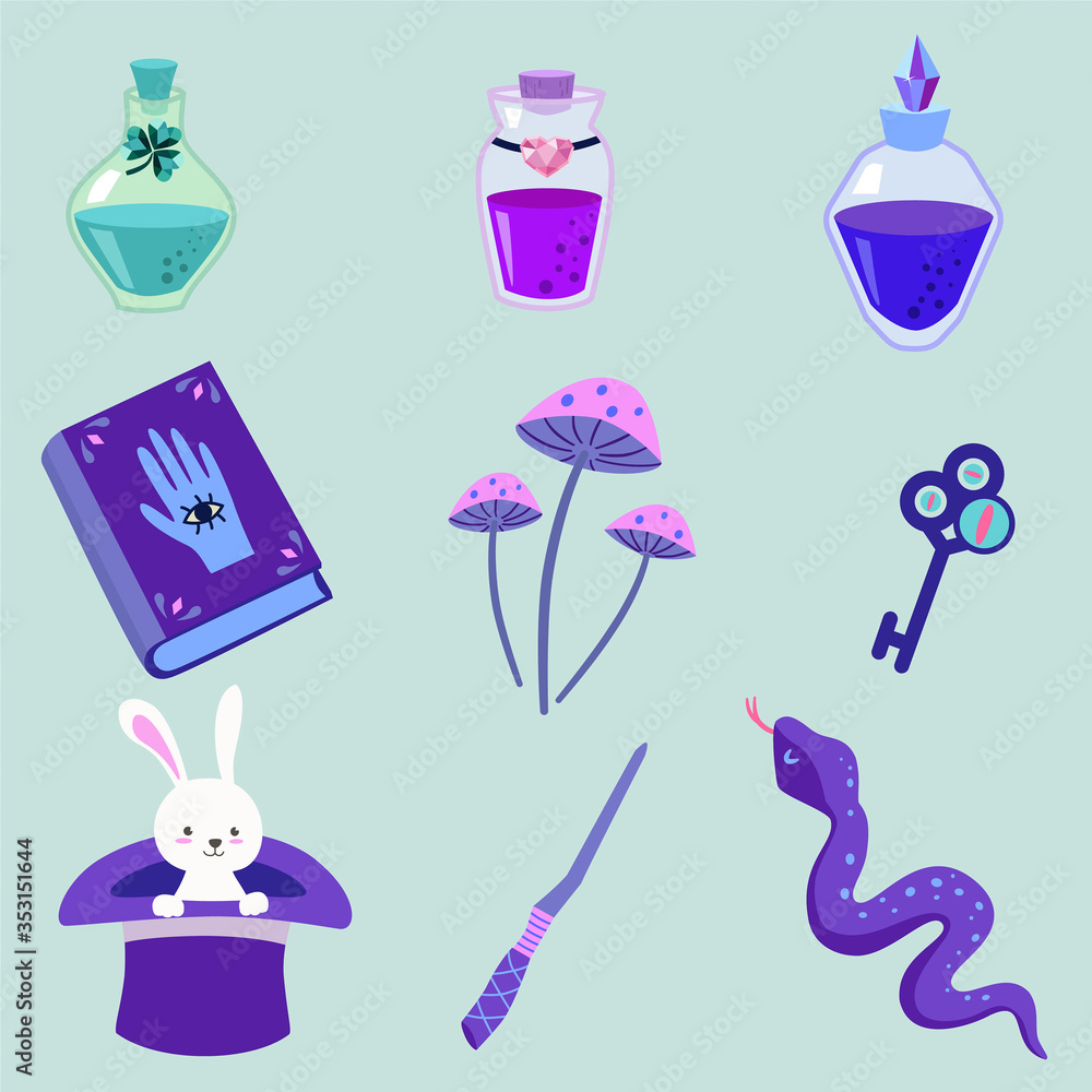 Set of magic items. Vector illustration. Can be used as elements for design or stickers.