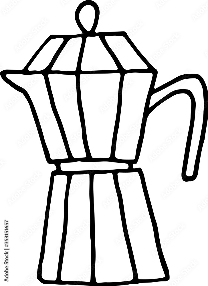Hand drawn vector cute coffee pot. Doodle style. Black outline isolated on white. Design for greeting cards, scrapbooking, textile, wrapping paper, cafe or restaurant menu, invitations. Hand drawn vector cute coffee pot. Doodle style. Black outline isolated on white. Design for greeting cards, scrapbooking, textile, wrapping paper, cafe or restaurant menu, invitations.