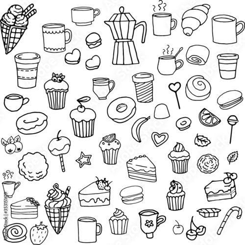 Hand drawn doodle set of desserts, sweets, coffee cups, pastry etc. Doodle style illustration. Black outlines isolated on white background. Design for cafe menu, scrapbooking, cards, wrapping paper.