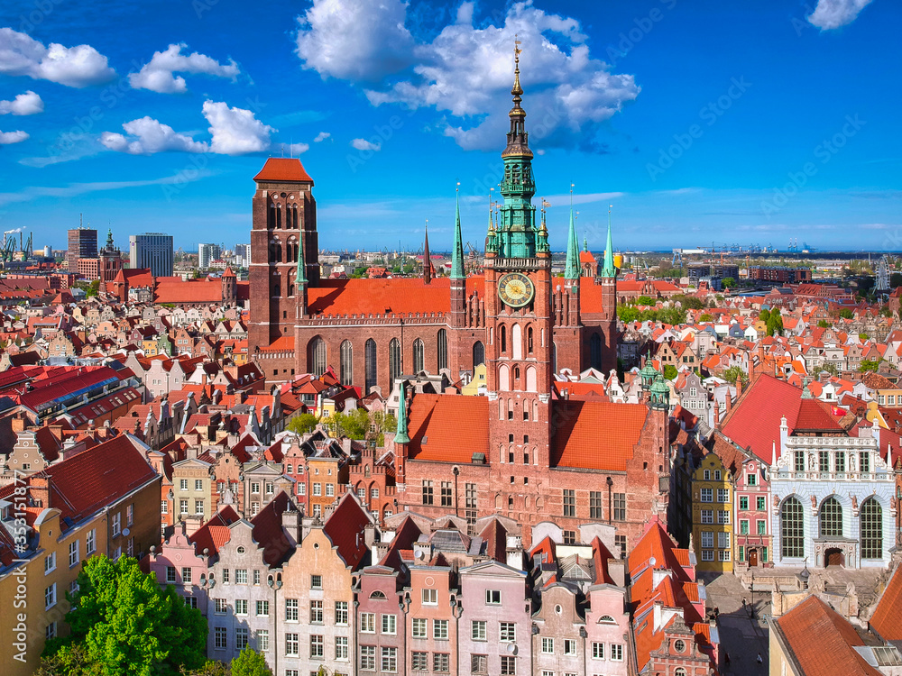 Fototapeta premium Aerial view of the old town in Gdansk with amazing architecture at summer, Poland