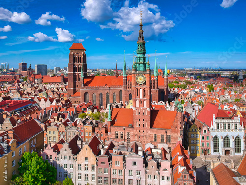 Aerial view of the old town in Gdansk with amazing architecture at summer, Poland