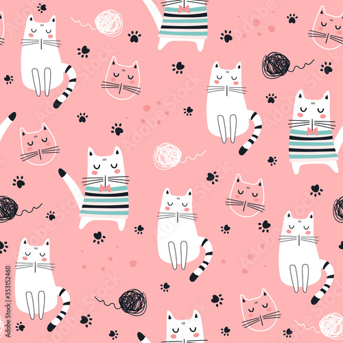 Seamless pattern with cute cat. Kids print. Vector