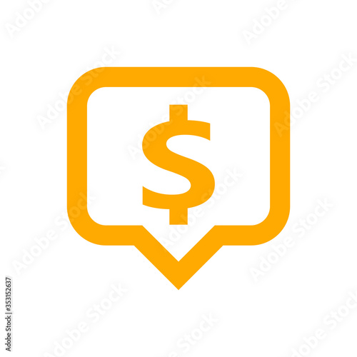 dollar currency symbol in speech bubble square shape for icon, orange dollar money for app symbol isolated on white, currency digital dollar icon for financial concept