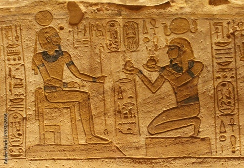 Abou Simbel interior wall cravings in Aswan showing offering rituals