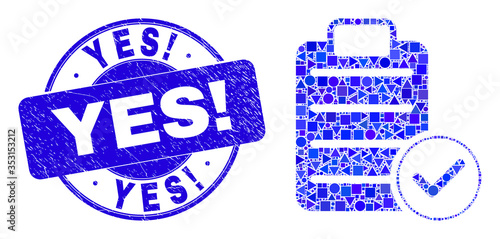Geometric accept pad text mosaic pictogram and Yes! watermark. Blue vector round grunge watermark with Yes! phrase. Abstract mosaic of accept pad text combined of sphere, tringle,