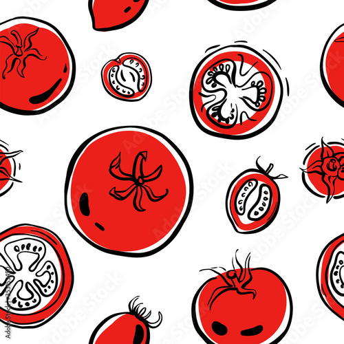 Seamless pattern with tomatoes. Colorful sketch of healthy vegetables and herbs isolated on white background. Doodle hand drawn vector illustration