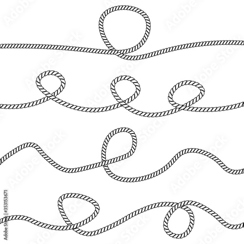 Set of different black rope elements and knots flat style, vector illustration isolated on white background. Collection of marine knots and wavy or straight cord string and round frame and loop