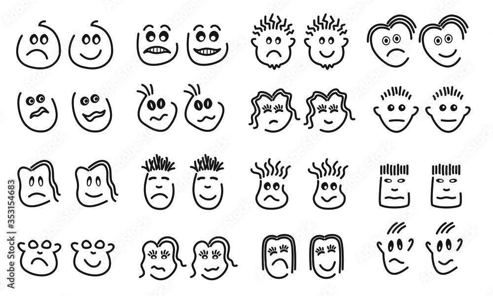 Faces set, happy and sad, line drawing