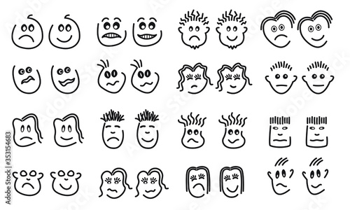 Faces set, happy and sad, line drawing