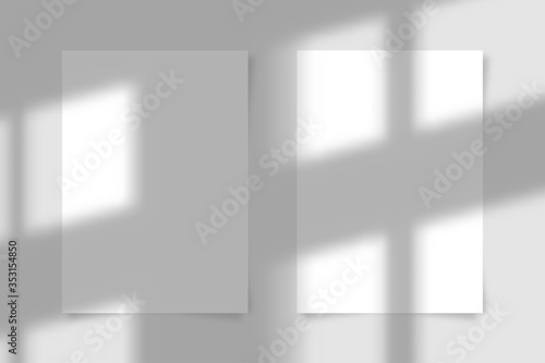 Two A4 paper sheet with transparent overlay shadow from the window and jalousie. Photo-realistic illustration. Minimalist scene mockup. Vector.