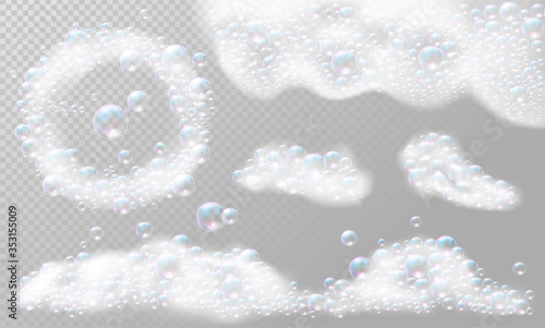Realistic Soap foam with bubbles. Soap foam frame. Set isolated vector illustration