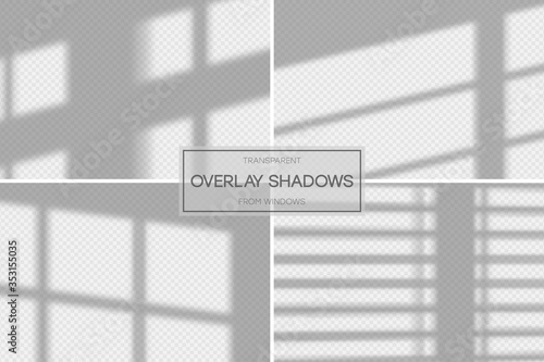 Shadow overlay effect. Set of transparent overlay shadow from the window and jalousie. Realistic soft light effect of shadows and natural lightning on transparent background. Vector.