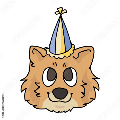 Cute cartoon pomeranian puppy face with party hat vector clipart. Pedigree kennel breed for dog lovers. Purebred domestic dog for celebration illustration mascot. Isolated canine fluffy spitz hound. 