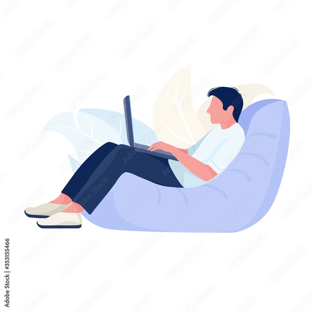 Obraz premium Person working from home. Cartoon character with laptop. Vector
