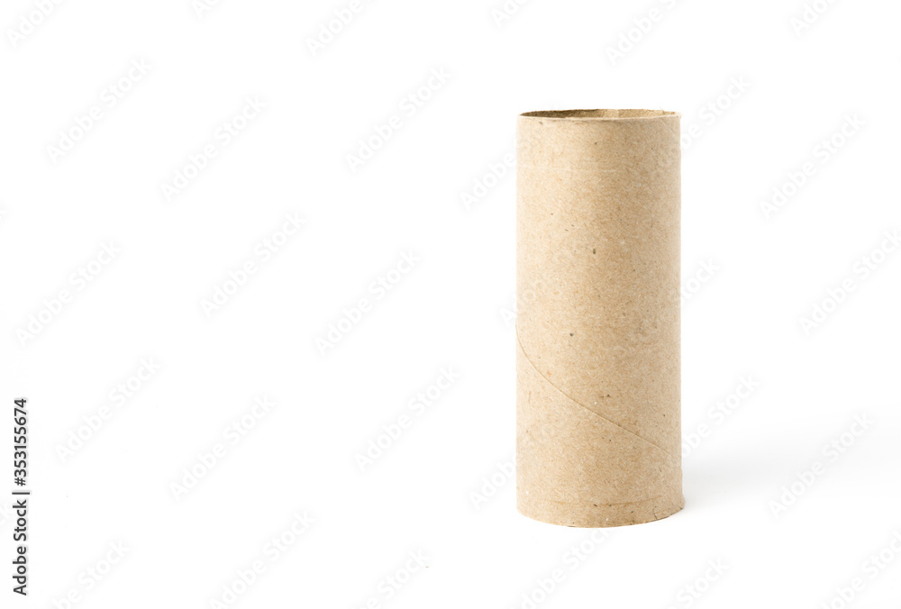 Image of cardboard toilet paper roll shot on white background in a studio with professional lighting for ecommerce. global pandemic people stacking up on toilet roll bulk buying and running out Image of cardboard toilet paper roll shot on white background in a studio with professional lighting for ecommerce. global pandemic people stacking up on toilet roll bulk buying and running out