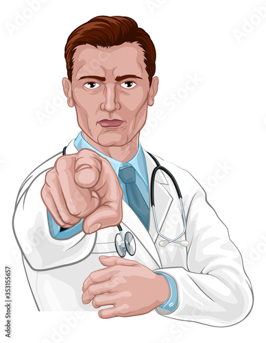 A doctor pointing at the viewer in a wants or needs you gesture. Medical concept