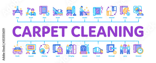 Carpet Cleaning Washing Service Minimal Infographic Web Banner Vector. Dusty And Dirty Carpet And Floor Vacuum Cleaner Equipment, Brush And Broom Illustration