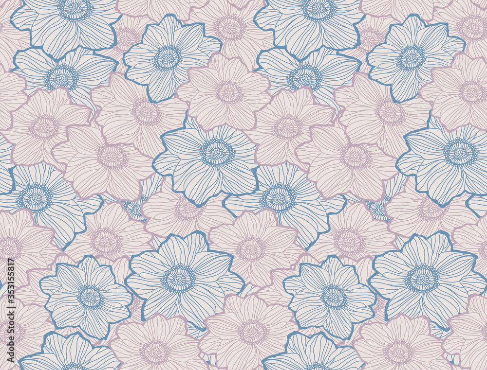Japanese Line Art Floral Vector Seamless Pattern
