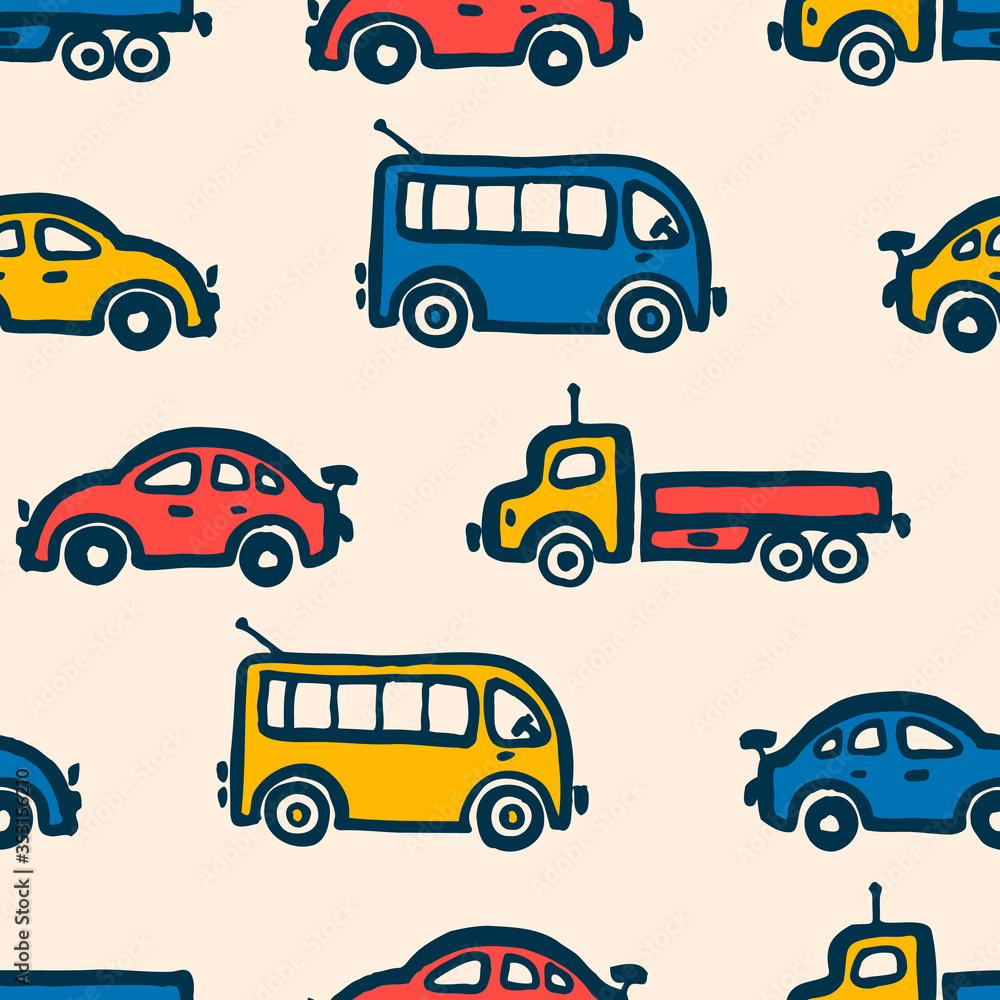 Seamless pattern with hand drawn toy cars, toy trucks and buses in children style