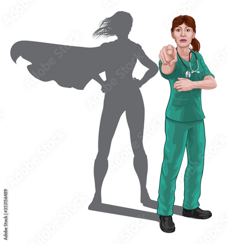 A nurse or doctor super hero woman in surgical or hospital scrubs. Pointing at viewer in a we need or want you gesture. Revealed as a superhero by the shape of her shadow.