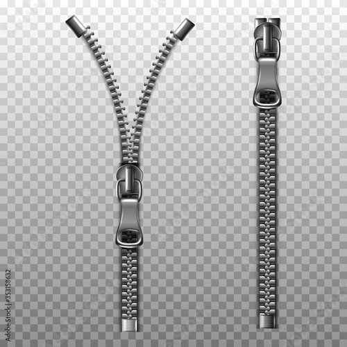 3d realistic vector metal zipper in silver open and closed. Isolated on white background.
