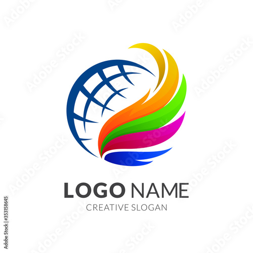 Wing Globe Business Logo Template, Colorful Feather Logo with World Icon