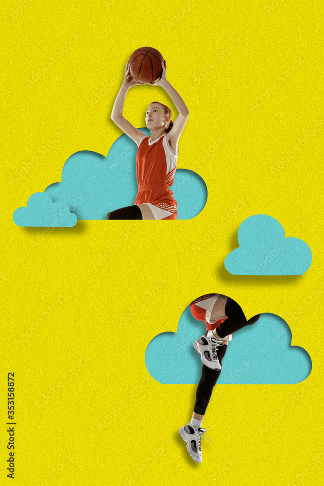 Basketball player with ball. A person flying higher than blue clouds on yellow sky background. Dream, paperworld. Cutout of paper. Contemporary colorful and conceptual art collage with copyspace.