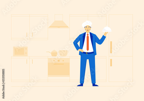 Businessman wearing blue suit with chef's hat, holding cloche plate, standing in the kitchen. 