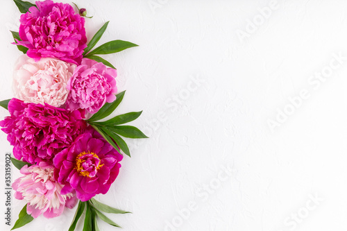 Beautiful  pink peony heads on white background.  Flower background.  Close up, top view, copy space. © geshas