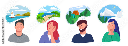 Different men and women dream about traveling. Set of people thinking about vacation: beach resort, camping, mountain, rest on a sailing boat.