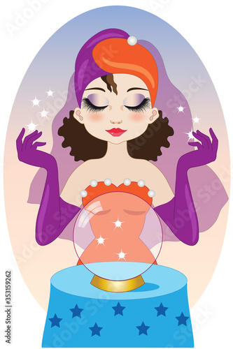 Clairvoyant with orange violet dresses with crystal ball