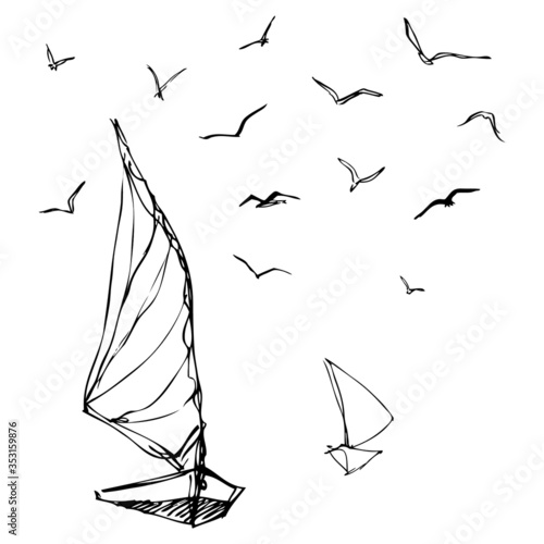 Sketch of a sailboat and flying seagulls above. Simple black and white drawing of flying birds above water
