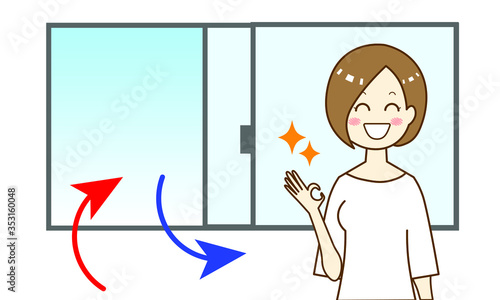 部屋の換気をする女性