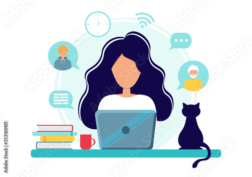 Home office during coronavirus outbreak concept, woman works from home with laptop. Vector illustration in flat style. Stay at home. Self-isolation