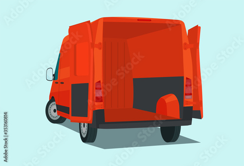 Сargo van with open cargo door. Сargo van with  back view. Vector flat style illustration.