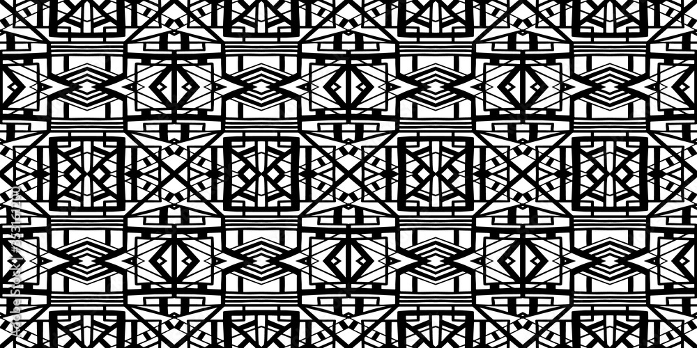 Ethnic pattern. Tribal background. Native ornament. Aztec. Fabric patterm. Boho. Bohemian style. Black and white texture. Print for fashion textile or interior fabric.