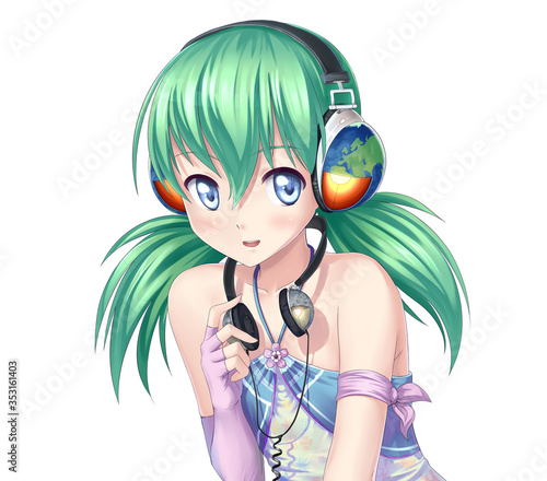 Happy anime girl in earth shaped and moon shaped headphones listening to music