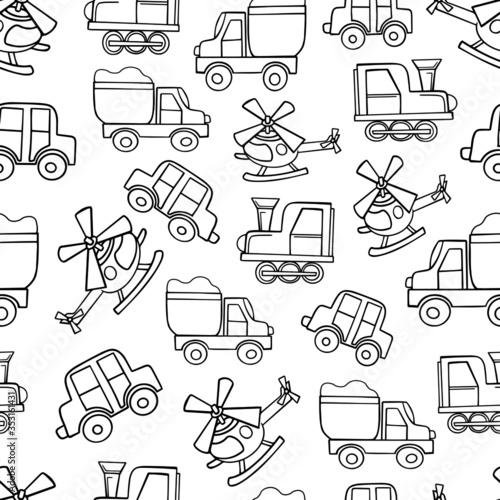 seamless pattern contour transport helicopter ship train truck coloring book simple illustration for kids vector graphics doodle sketch for creativity