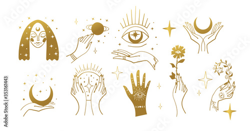 Set of golden magic stickers, boho design elements, tattoo, alchemical symbols, esotericism and witchcraft. Linear vector illustration isolated on white background