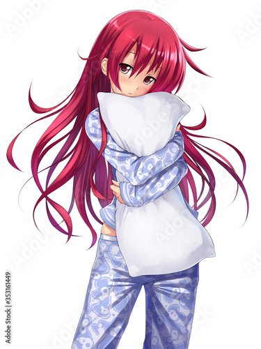 Cute anime girl in pajama hugging a pillow Stock Illustration | Adobe Stock