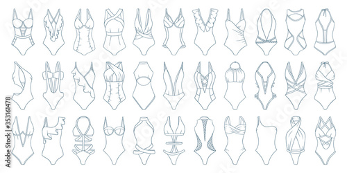 Swimming suits set. Doodle bikini. One piece swimsuits collection. Ladies clothes for summer vacation. Bikini sketch. Swimwear fashion.