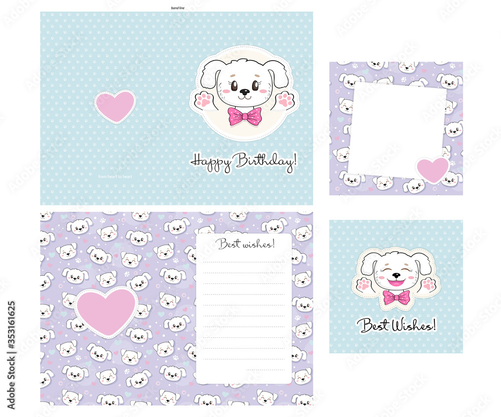 2-sided postcard. Set of birthday, greeting and flower cards with puppies and hearts. Cute dog theme. 2-sided postcard. Set of birthday, greeting and flower cards with puppies and hearts. Cute dog theme.