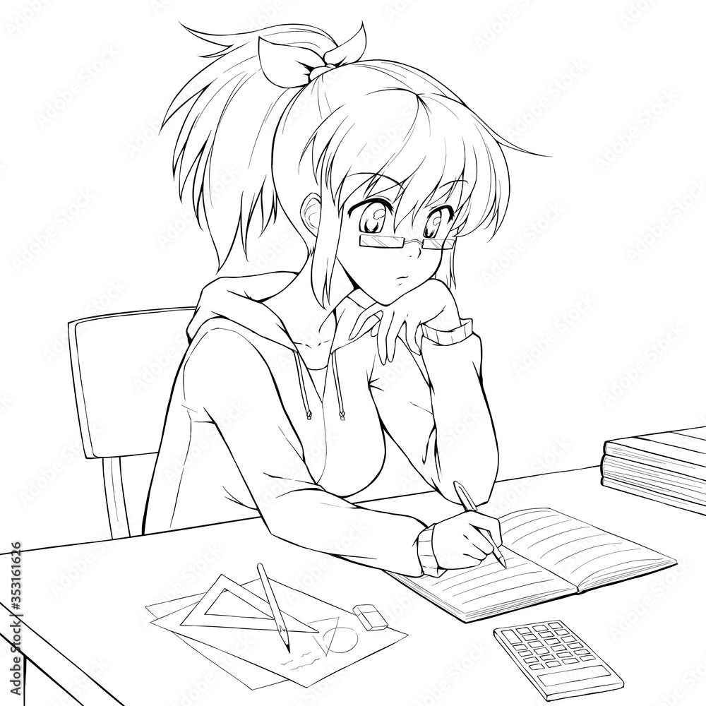anime person doing homework
