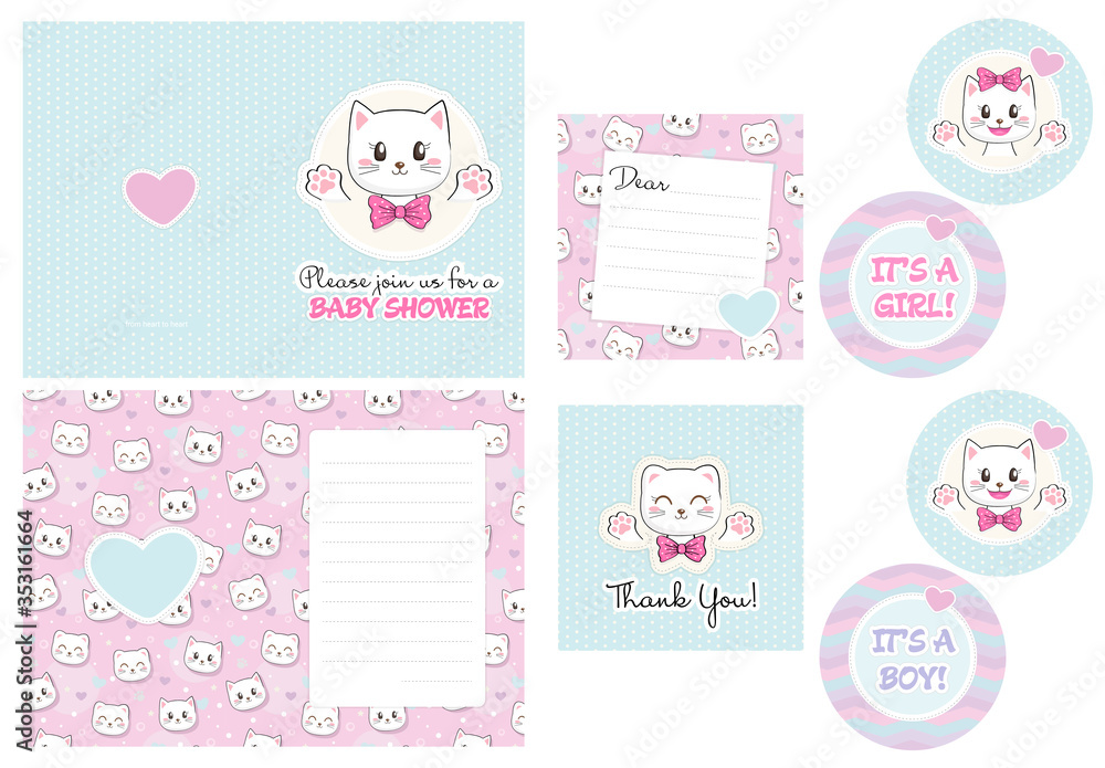 2-sided Baby Shower Invitation Template. Gratitude card, It's a Boy and It's a Girl cards with hearts and cute cat theme. 