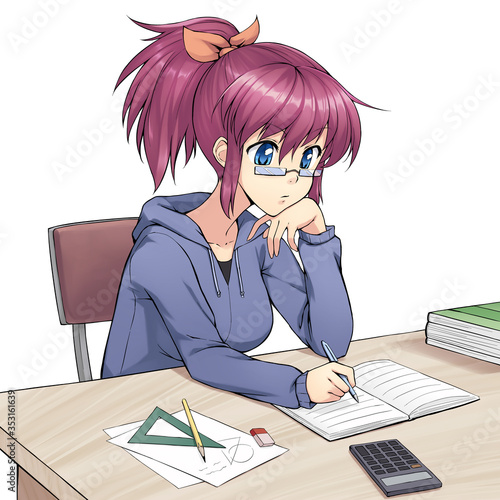 Cute anime girl doing homework/studying. Colored.