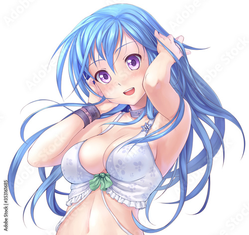 Cute long haired anime girl enjoying breeze