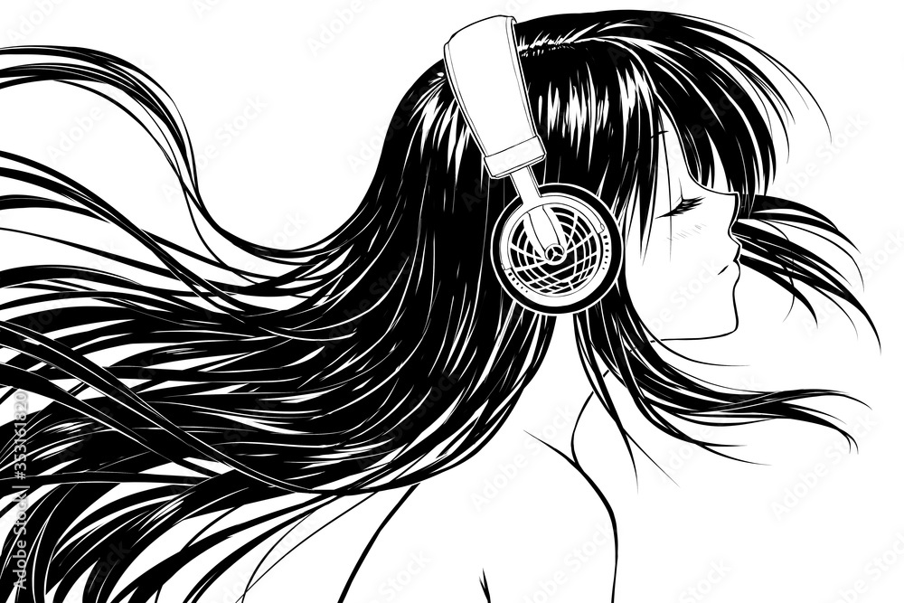 Relaxed anime girl in headphones listening to music Stock Illustration |  Adobe Stock